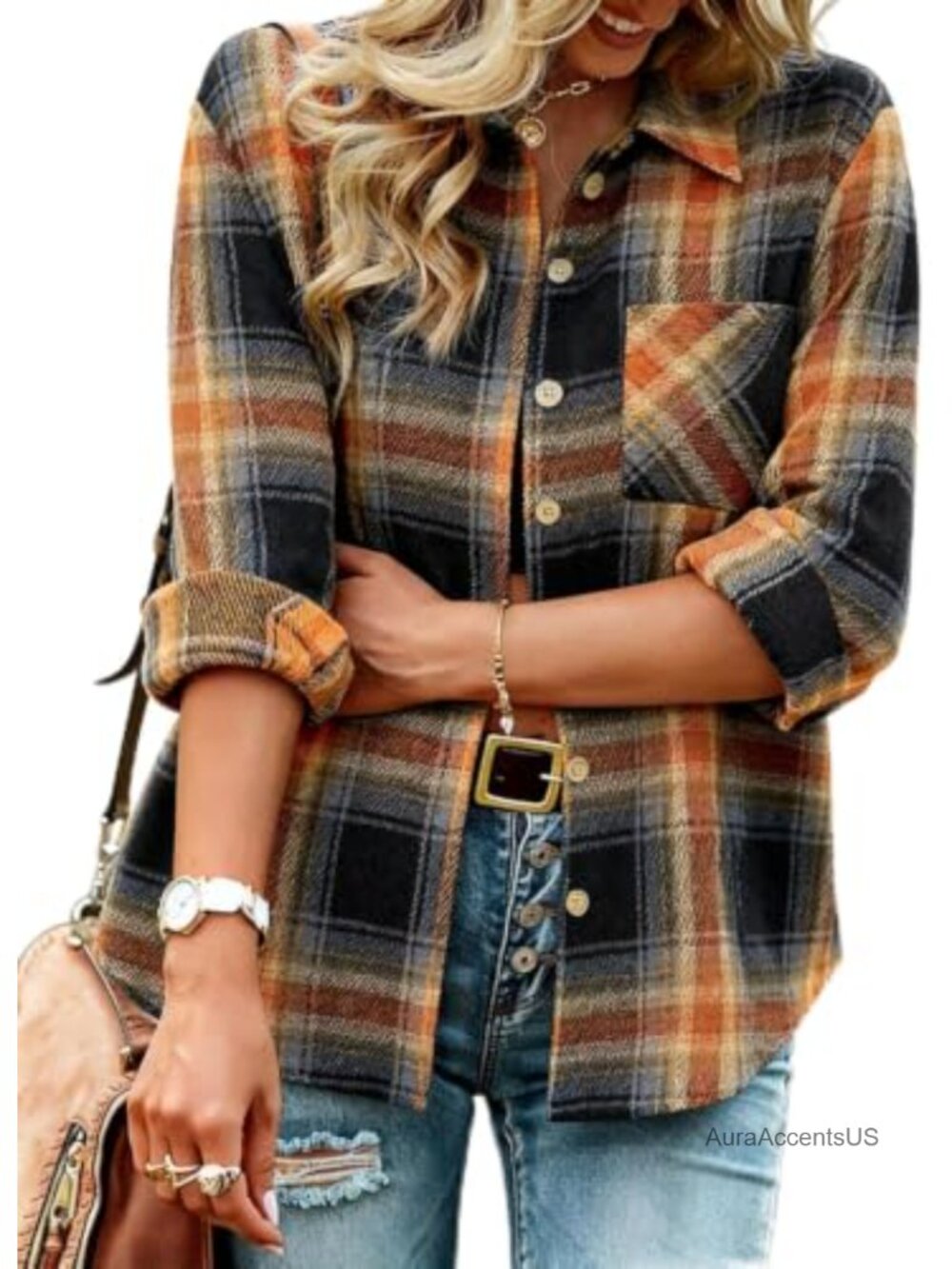 Women's Plaid Long Sleeve Button Down Shirt Lightweight Cotton Casual Top